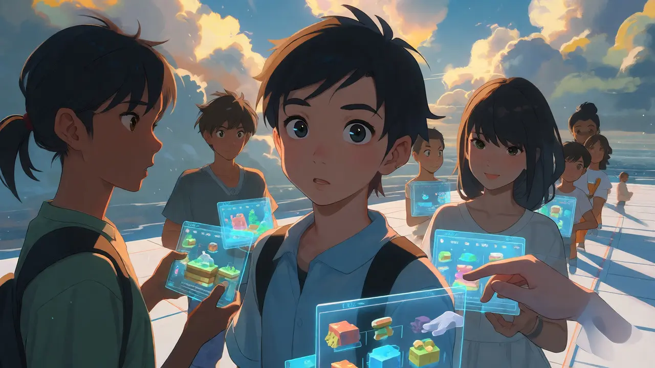 Young creators building holographic games on a sunlit platform